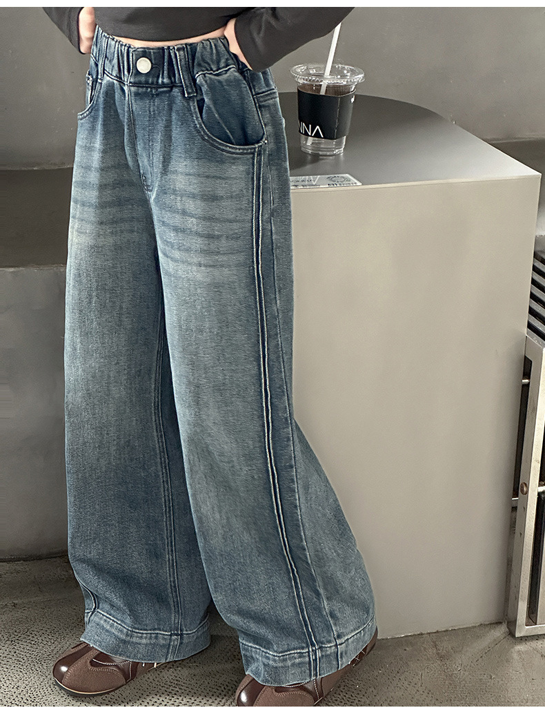 【摩卡公主】女童美式复古宽松牛仔裤2025新款拖地牛仔阔腿裤长裤详情10