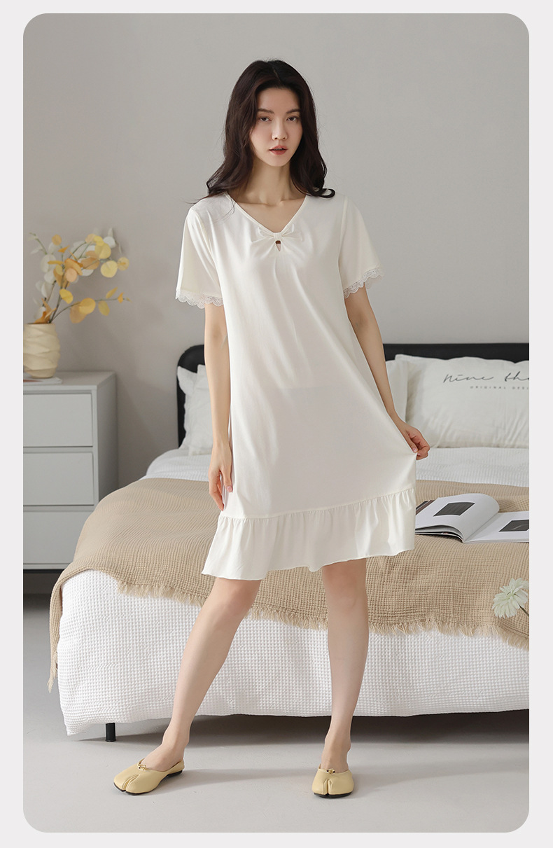 A light short-sleeved casual summer dress with a chest cushion for women. It can be worn as a mid-length skirt. It is made of modal cotton for summer home wear pic 16