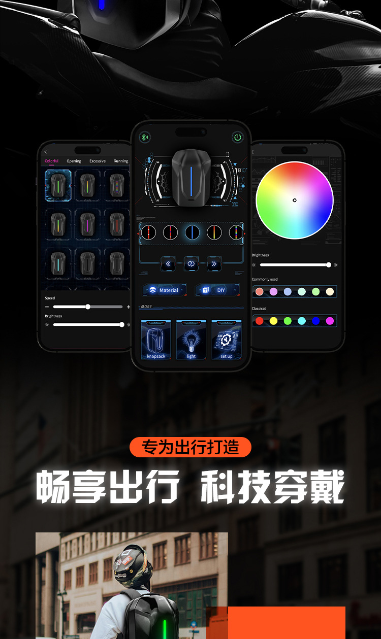 loy追光者LED摩托车骑行机车包学生发光安全提示蓝牙动画DIY背包详情3