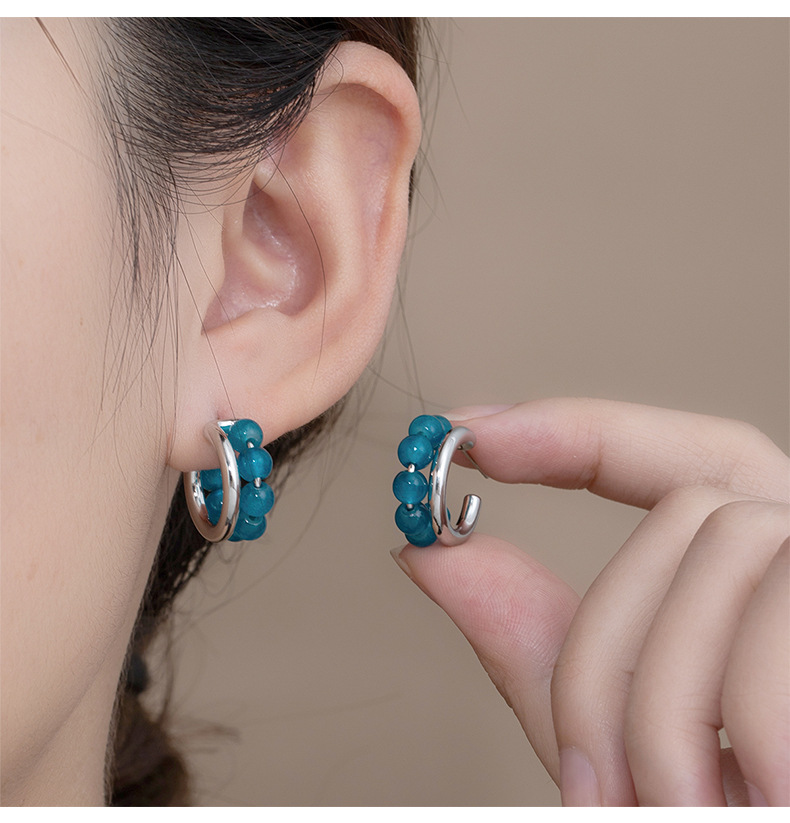Retro ins style, niche, fair and high-end, versatile earrings, Caucasian green double-ring natural stone beaded earrings for women pic 28
