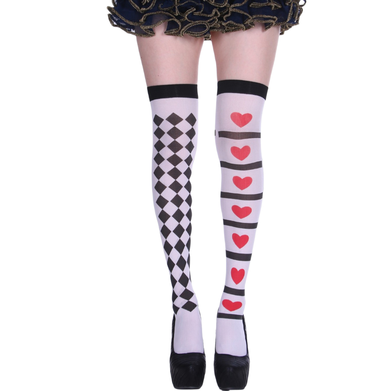 厂家直销万圣节派对丝袜小丑袜扑克花菱格方格圆点印花过膝长筒袜详情6