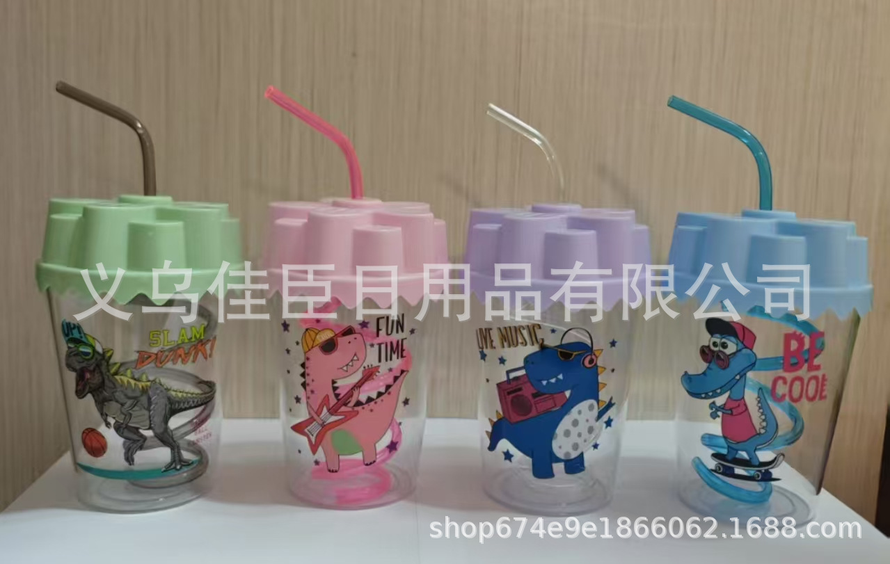 东南亚吸管杯小恐龙图案PP水杯带盖居家日用饮料杯儿童吸管塑料杯详情5