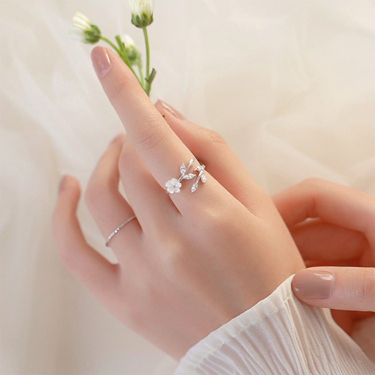 S925纯银开口戒指女小众高级冷淡风轻奢韩版新款花朵树叶雏菊指环详情7
