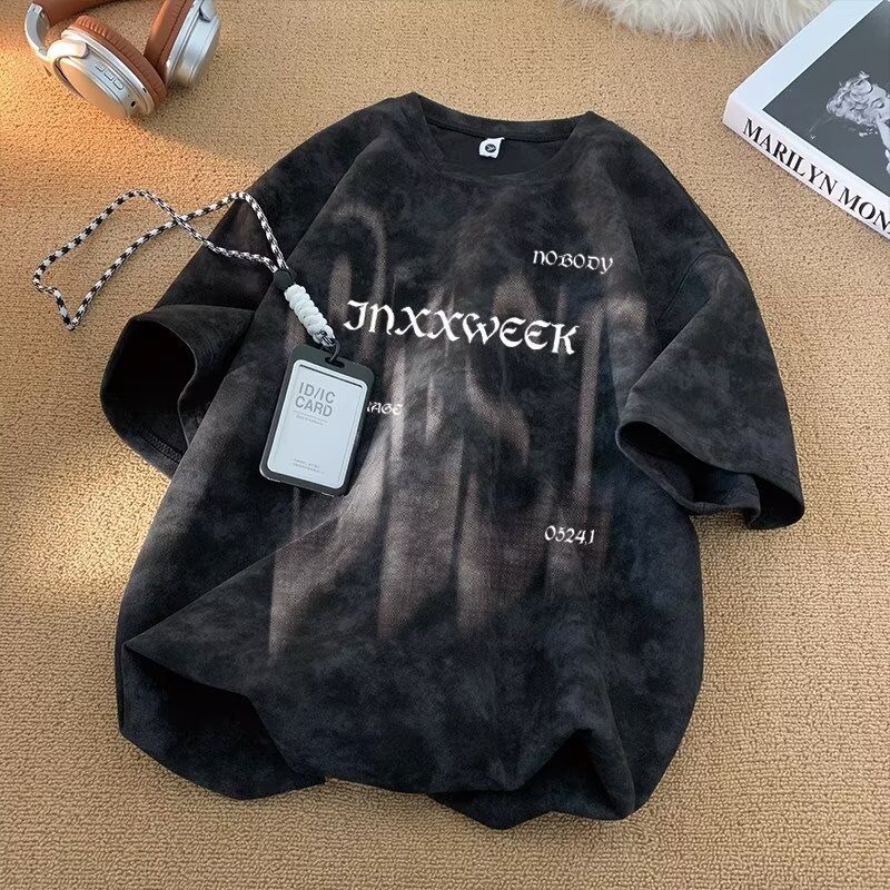 Summer trendy brand American heavy-duty pure cotton short-sleeved T-shirt for men, loose large-sized half-sleeved washed distressed T-shirt base layer pic 2