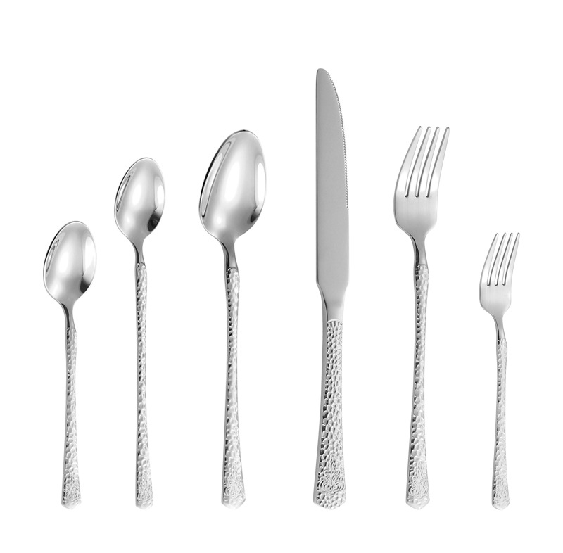 Cross-border hammer-patterned stainless steel knives, forks and spoons, high-end and light luxury dining spoons and forks, gold-plated steak knives, elegant Western dining gift tableware pic 10