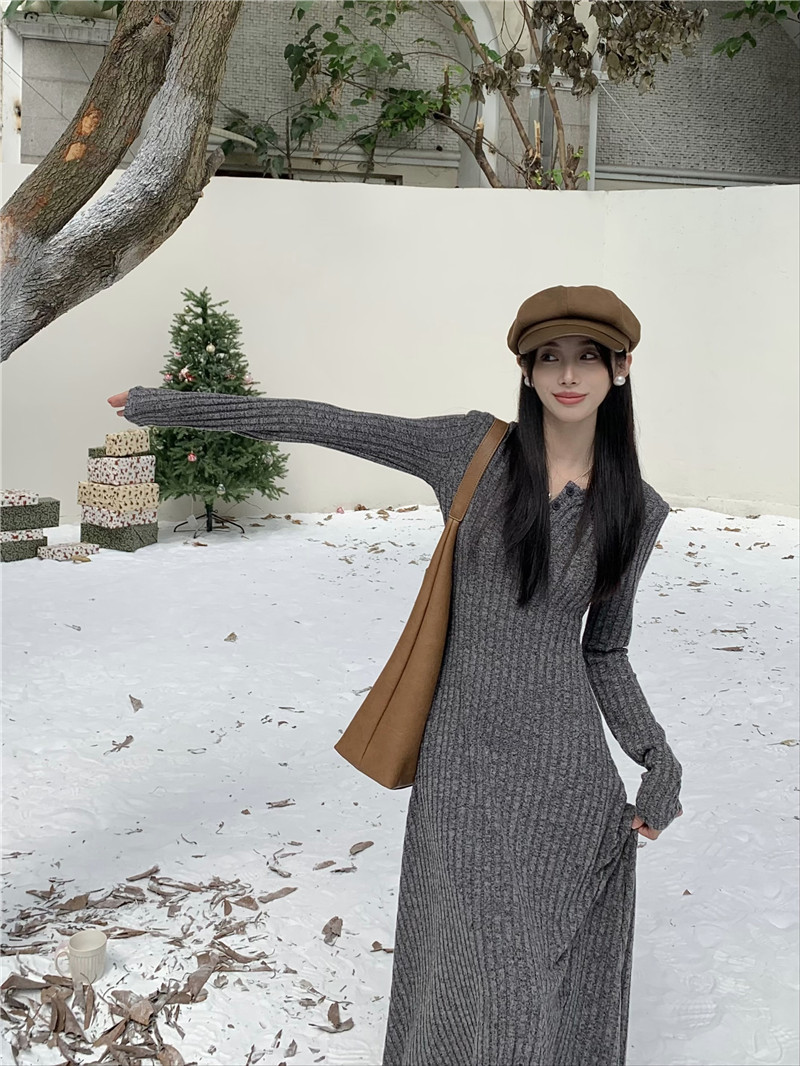 Retro, simple and versatile knitted long-sleeved dress for women, spring waist-cinching and slimming A-line dress, new autumn and winter base long dress pic 36
