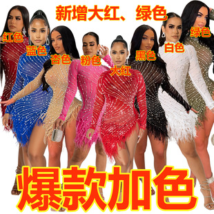OS6699跨境秋季新品亚马逊欧美女装时尚性感网纱长袖烫钻连衣裙女详情7