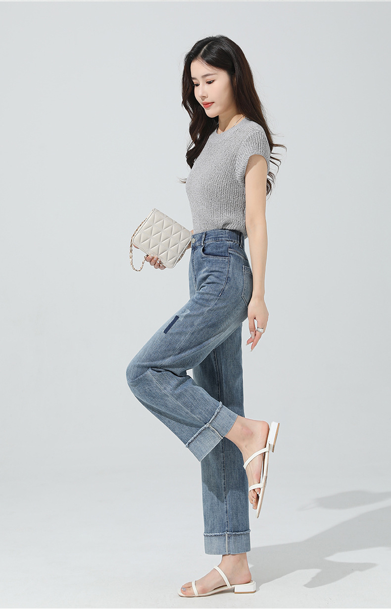 If 2026 Spring high-waisted denim straight egg roll pants for women with upturned fringed nine-inch narrow wide-leg pants 20153 pic 15