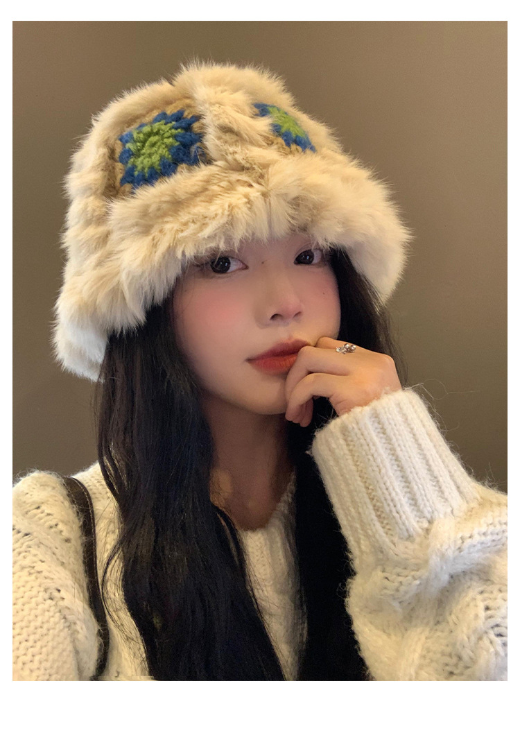 毛绒渔夫帽女冬季兔毛针织毛毛帽子显脸小保暖醒狮帽大头围毛线帽详情4