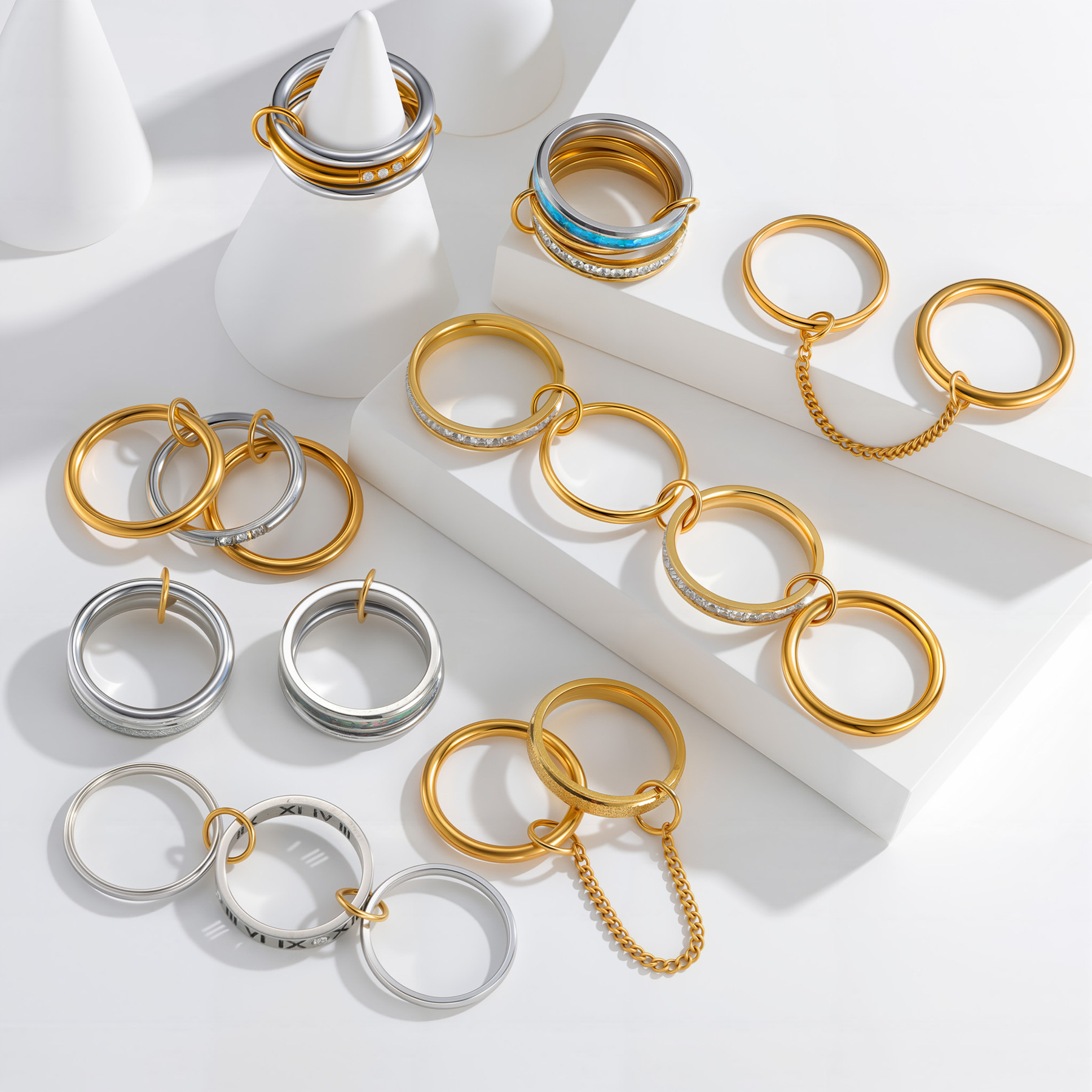 Cross-border European and American four-layer multi-ring jewelry for women, made of titanium steel and plated with 18K gold, with a unique and elegant high-end feel pic 2