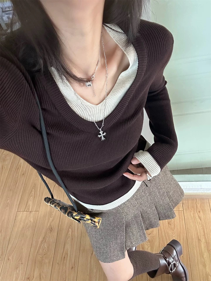 KANING假两件v领针织打底衫女秋季新款高级感内搭毛衣修身上衣潮详情5