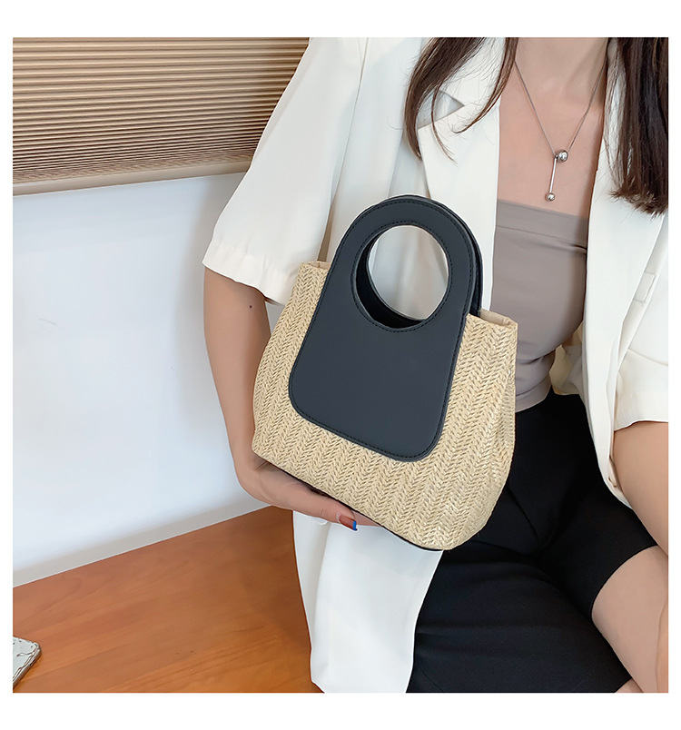 2023夏季复古撞色拼接草编包大容量手工编织包简约时尚单肩手提包详情11