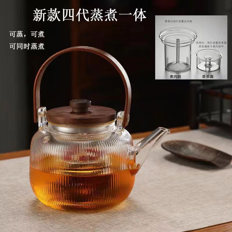 Wholesale high-temperature resistant flower and plant teapot sets, fruit boiling teapots, household steaming and boiling integrated wooden handle, glass vertical grain brewing pic 4