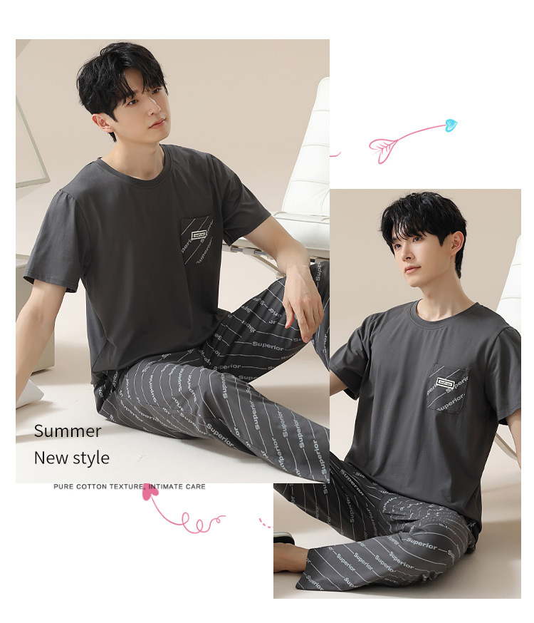 Summer pure cotton pajamas for men, cartoon casual short-sleeved shirts and long pants, pure cotton comfortable home wear, summer youth student set pic 185