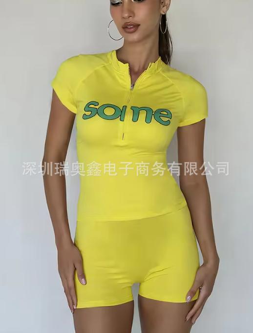 Cross-border European and American sexy color-blocking short-sleeved jumpsuit, tight shorts, hot girl sporty slimming and shaping short-sleeved set pic 3