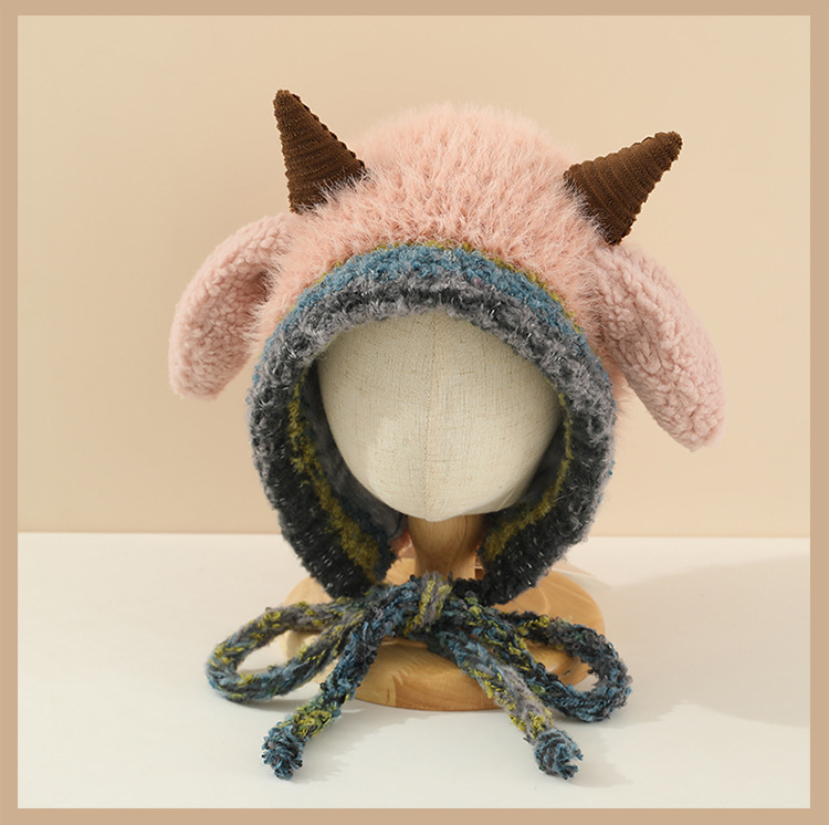 冬季保暖儿童帽子加厚针织毛绒帽男女宝宝可爱牛角护耳套头毛线帽详情13