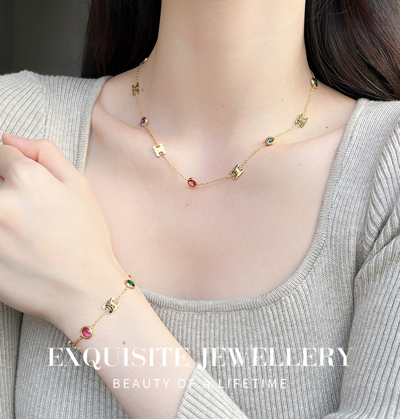 高级感彩色锆石拼接字母钛钢项链女法式复古轻奢小众设计手链配饰详情1