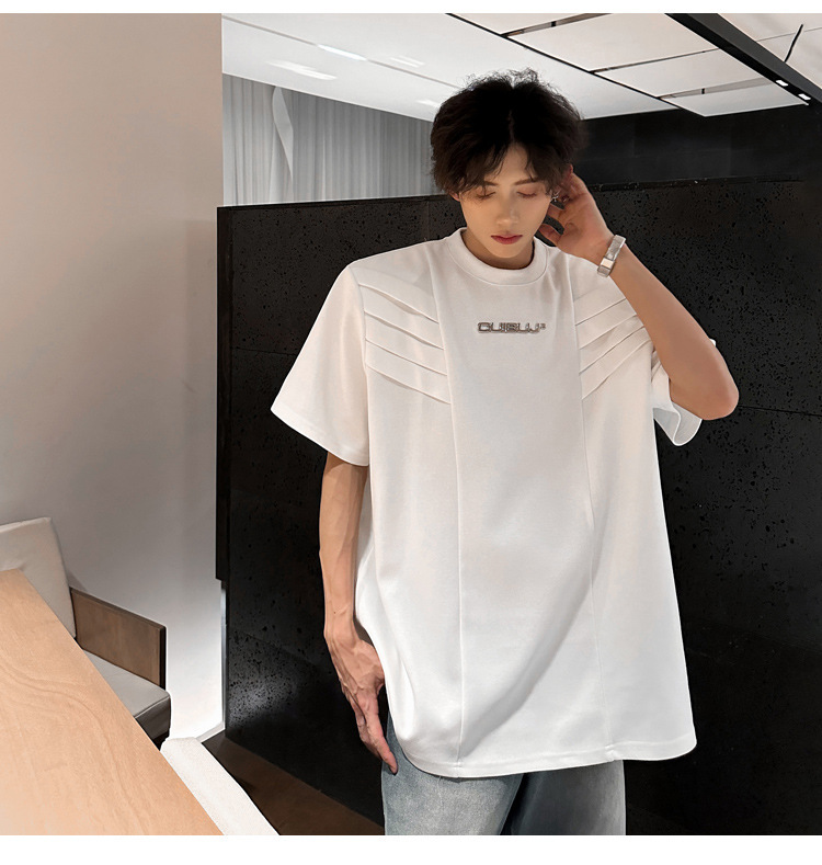 European and American high street original design sense T-shirt for men, multi-layered structure shoulder pad short-sleeved, summer American-style heavy half-sleeved pic 4