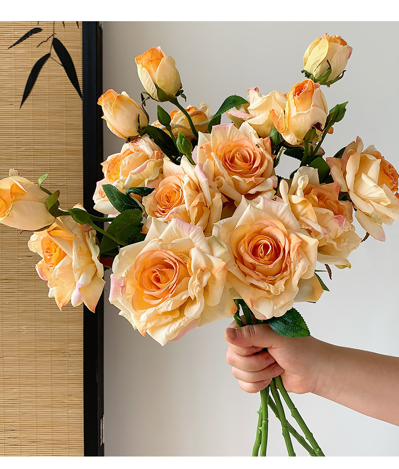 法式油画焦边3头玫瑰花仿真花干花假花花束摆设客厅装饰拍照道具详情15