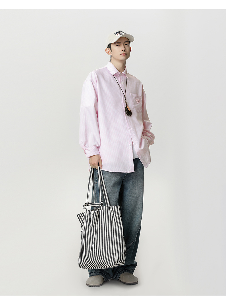 口袋立体刺绣长袖衬衫男春夏新款撞色竖条纹日系宽松情侣衬衣外套详情12
