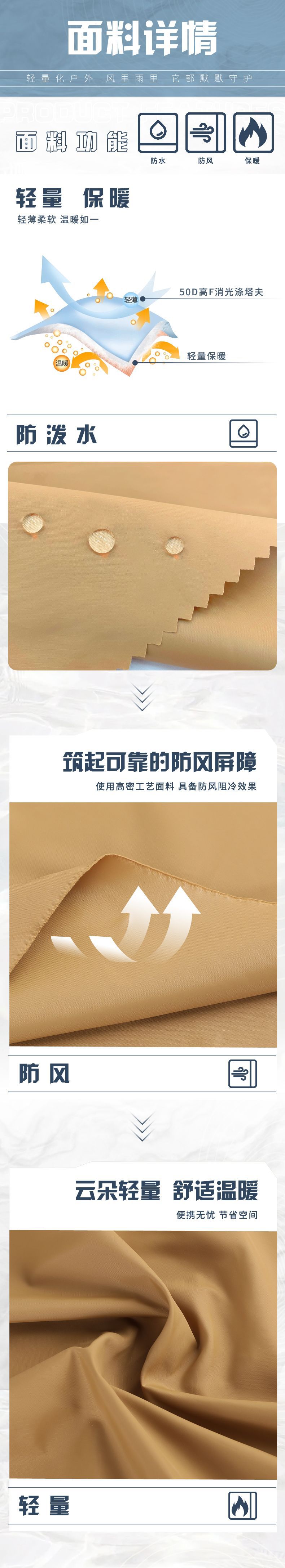 50D消光+压光涤塔夫高F防棉面料防水羽绒服棉服休闲服户外服布料详情3