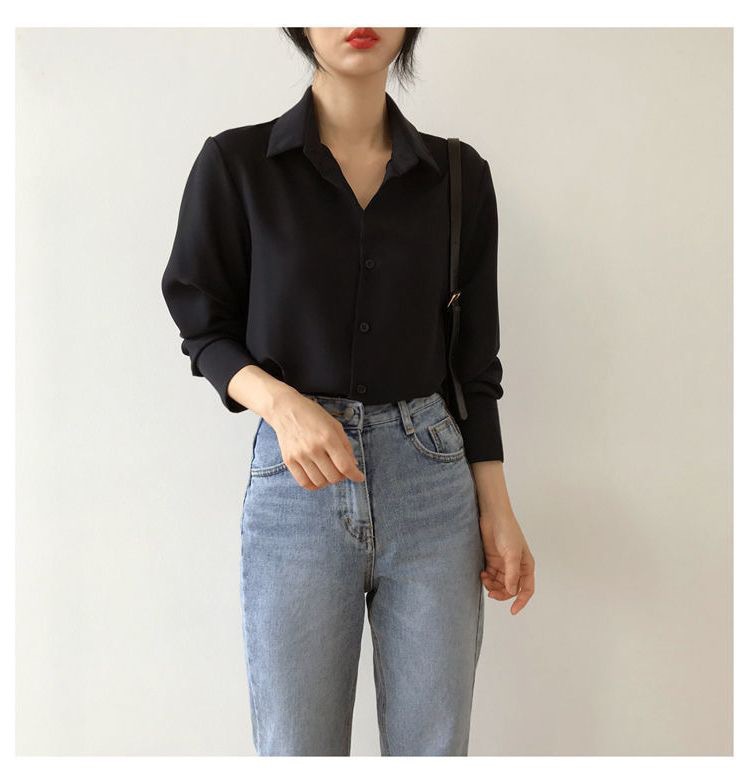 Black chiffon shirt for women, loose polo collar long-sleeved top, professional OL, solid color Hong Kong-style base, elegant shirt for women pic 9