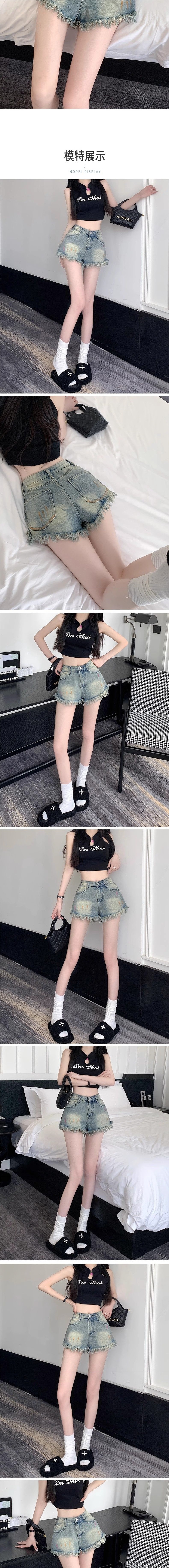 跨境台湾现货牛仔短裤女夏季新款高腰显瘦宽松阔腿彩绘毛边流详情2