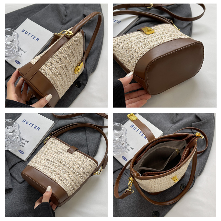 时尚手提编织包包女2023新款高级质感草编包单肩斜挎包休闲水桶包详情9