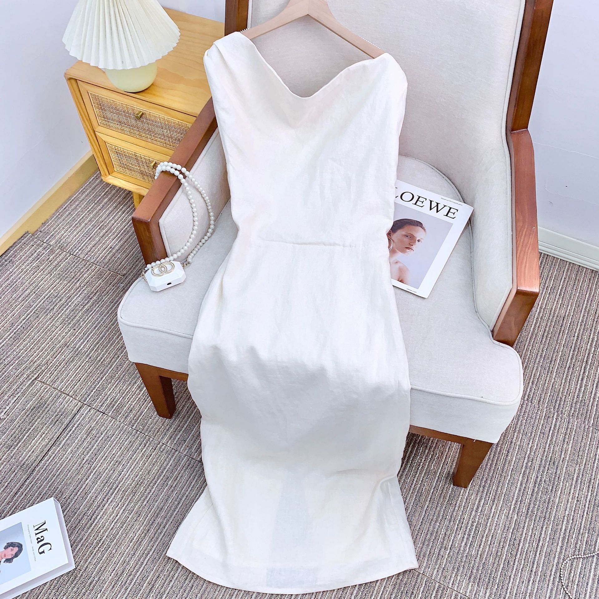 High-count pure linen French vacation-style design off-the-shoulder dress, new Chinese-style dress in stock pic 7