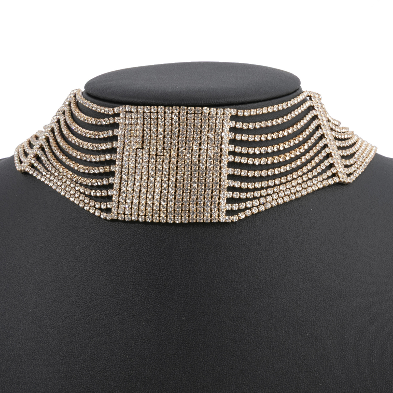 European and American cross-border fashion necklace for women, multi-layered horizontal striped square neck chain, exaggerated stage style banquet party accessory, full diamond shiny accessory pic 6