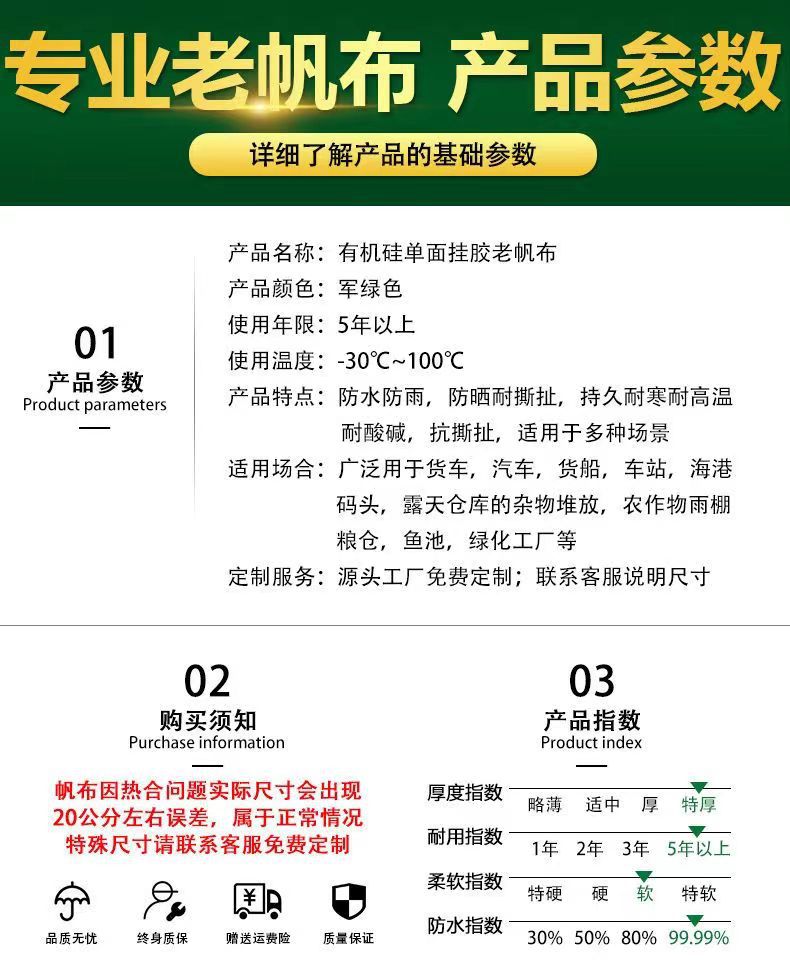 有机硅帆布防水布耐磨篷布货场盖布雨布盖布苫布军绿色老式帆布详情4