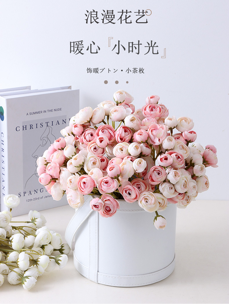 迷你仿真露莲花束小茶玫瑰家居装饰人造花新娘手捧绢花多头小玫瑰宠物园艺花盆容器详情13