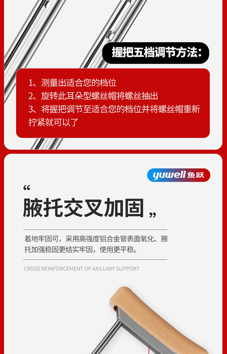 鱼跃拐杖YU860助行器防滑铝合金骨折残疾人单腿医用腋下拐便携详情5