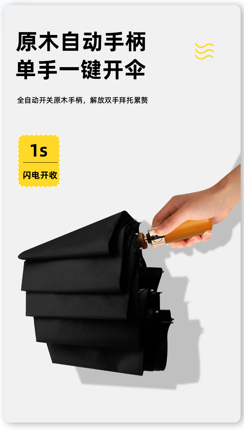 New solid wood fully automatic umbrella, a 23-inch self-opening and closing umbrella for both rain and sun protection, 12-bone business black rubber sun umbrella pic 7