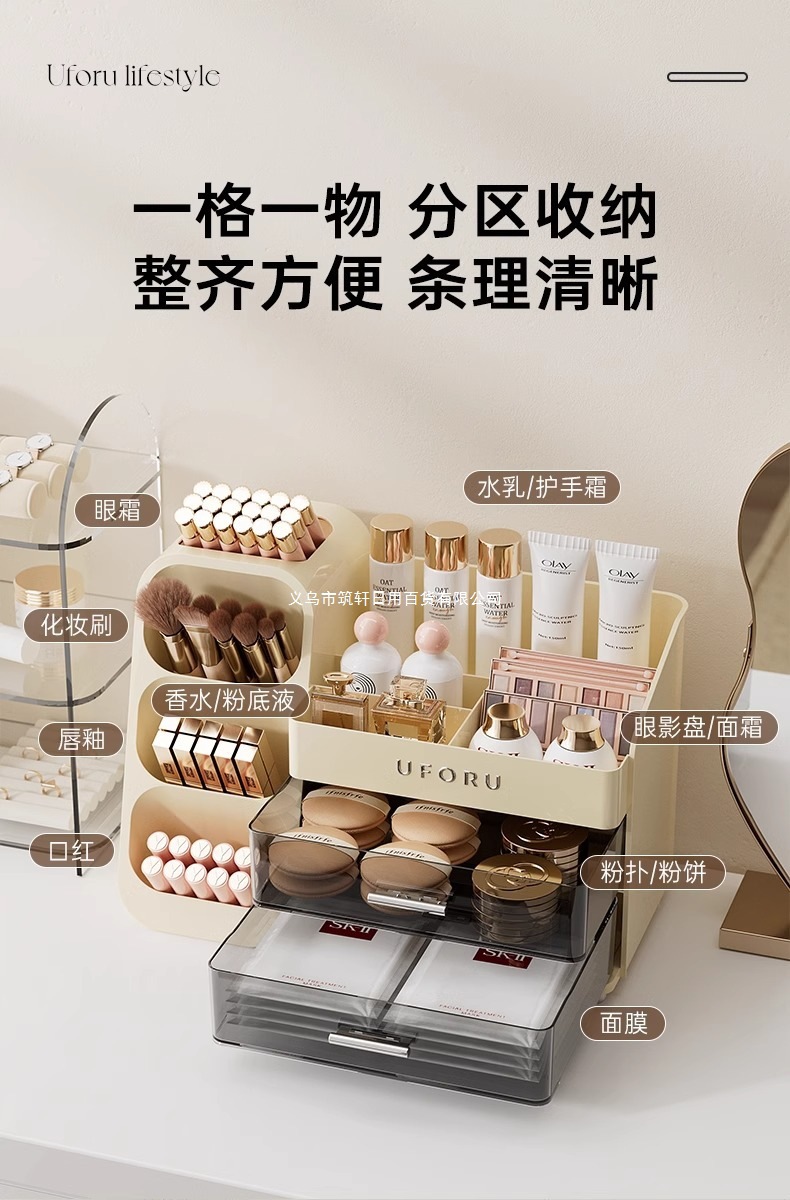 桌面化妆品收纳盒梳妆台家用护肤品置物架高级整理盒防尘化妆箱详情5