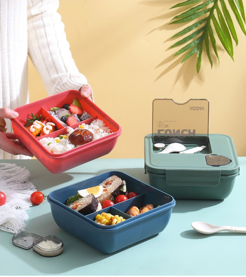 塑料饭盒微波炉学生分格便当盒带餐具酱料盒密封午餐盒方形详情14