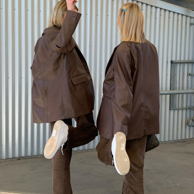 2023亚马逊女款皮衣秋冬新款 欧美黑色外套休闲保暖西装夹克女装详情19