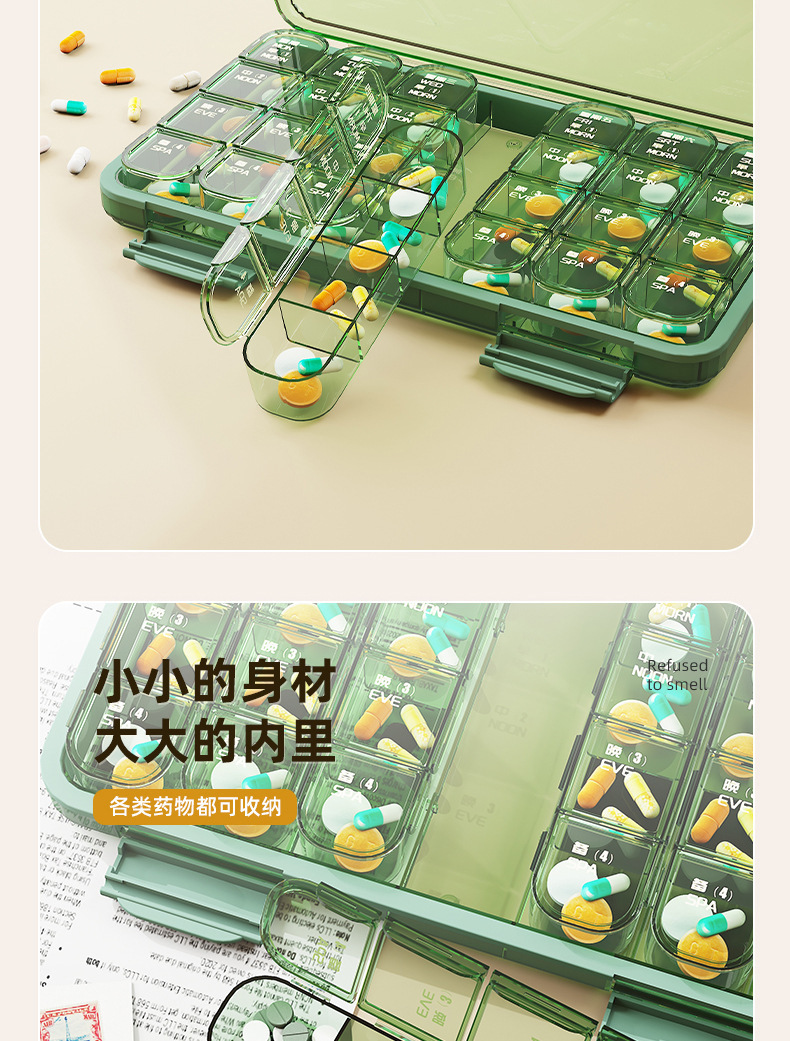 老年人大字版药盒一周七天便携式分药器分格收纳防潮塑料三餐分装详情8