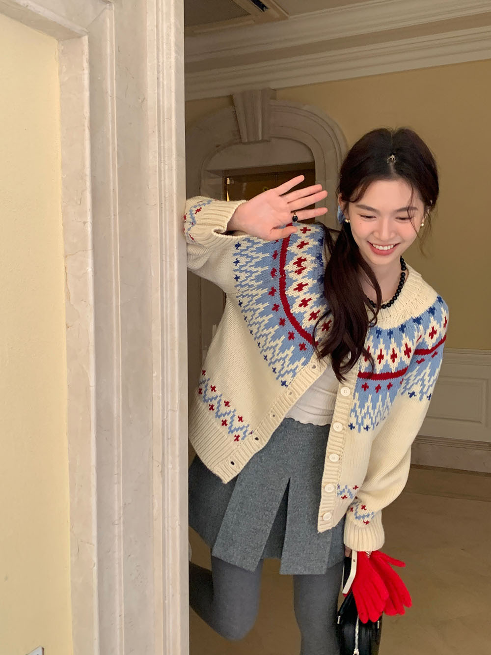 费尔岛复古美式少女撞色波普提花单排扣针织开衫厚实保暖毛衣外套详情76