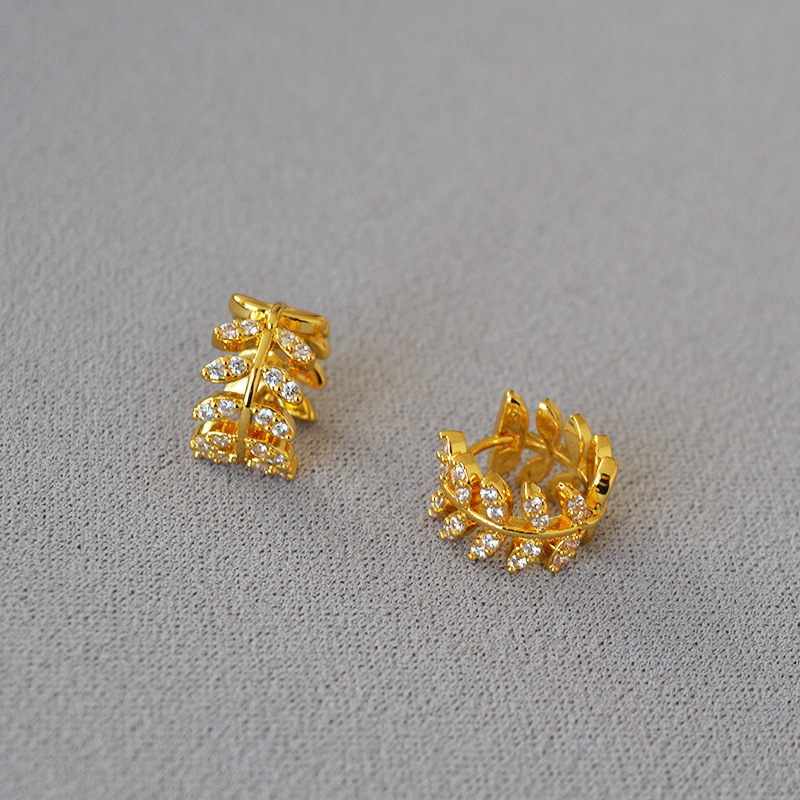 日韩小众锆石金色橄榄枝和平树叶恬静造型个性气质耳扣耳环耳饰女详情3