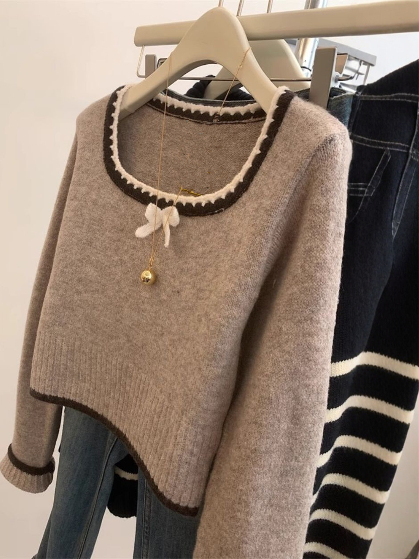 蝴蝶结方领长袖针织衫毛衣女春秋季韩系百搭修身新款打底衫上衣潮详情2