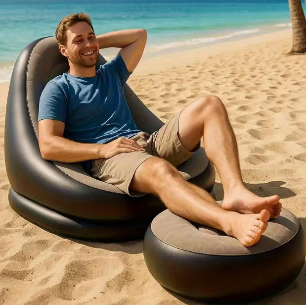 Foldable inflatable sofa chair with footrests and flocking, outdoor portable inflatable sofa, home lazy lounge chair sofa pic 1