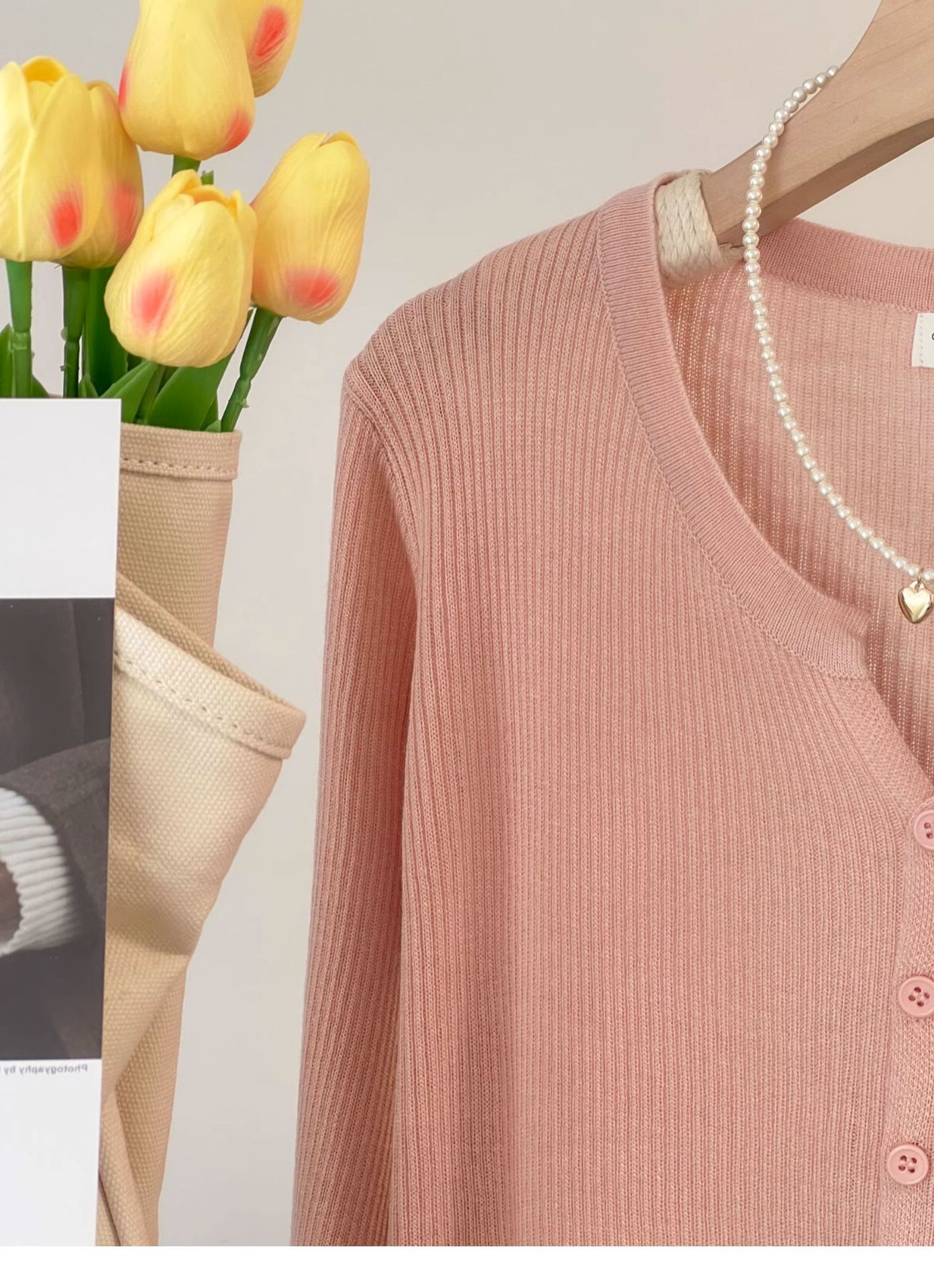 A short woolen cream-colored knitted coat for women, a long-sleeved cardigan for spring and autumn, and a chanel-style innerwear with a base layer pic 23