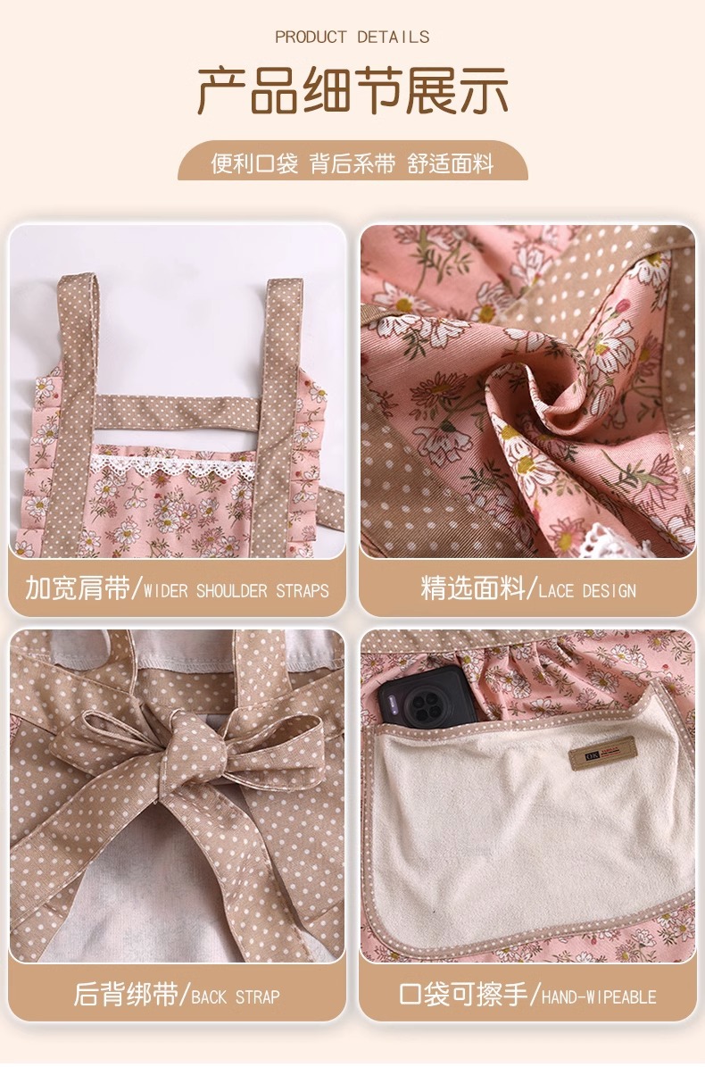 Princess apron for women, hand-drying, back buckle, household oil-resistant, sleeved fabric, special waist pocket for catering pic 2