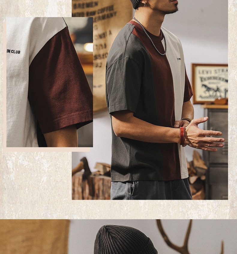 拼接撞色设计短袖男夏季2025新款美式复古重磅T恤男纯棉宽松上衣详情12