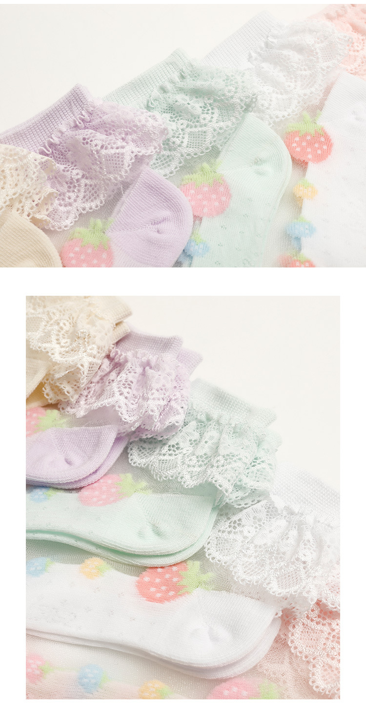 小巴兔女童袜子2022新款夏季学生儿童透气冰丝蕾丝韩版草莓水晶袜详情5
