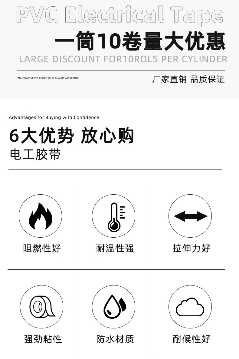 pvc电工绝缘胶布10/20Y绝缘防火阻燃胶带黑色白色密封胶厂家批发详情3