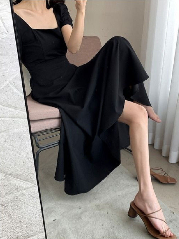 连衣裙2024夏新款ins茶歇裙气质一字领过膝长款赫本风胖mm小黑裙详情7