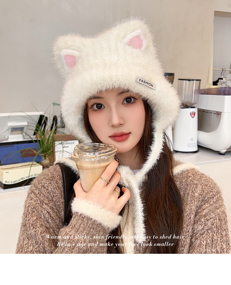 Brand [Sondona] Woolen hat, suitable for all ages, new winter style for women, cartoon and cute little cat, knitted woolen faux rabbit fur, warm ear-protecting hood pic 13