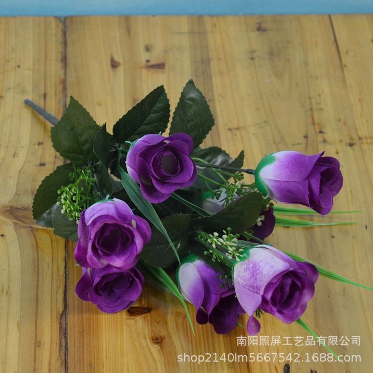 照屏仿真花厂家批发仿真玫瑰花仿真绢花七头春蕾把花小假花花束详情15